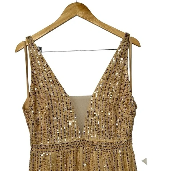 Mac Duggal A-line Sequin Plunge Neck Gown in Gold Sunset Wedding Prom Size 2
